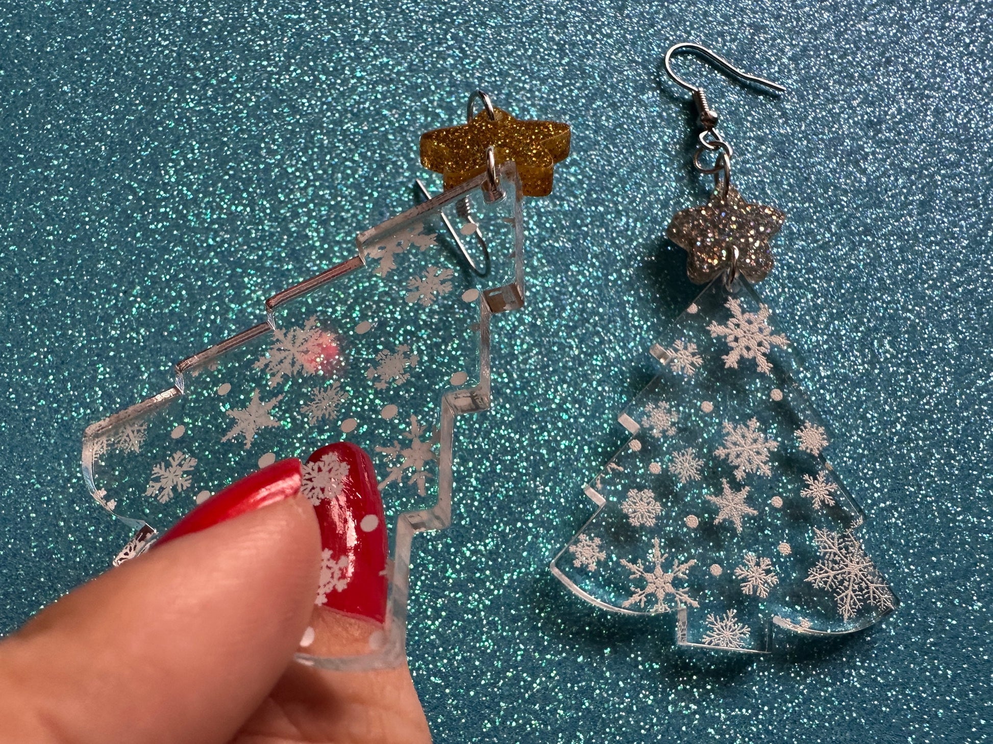 Snowy Christmas Tree Earrings: Laser Cut Acrylic Trees, Snow, Snowflakes, Winter, Xmas Earrings, White Christmas, Gifts for Her/Him/Them