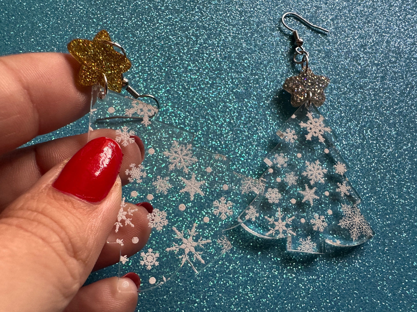 Snowy Christmas Tree Earrings: Laser Cut Acrylic Trees, Snow, Snowflakes, Winter, Xmas Earrings, White Christmas, Gifts for Her/Him/Them