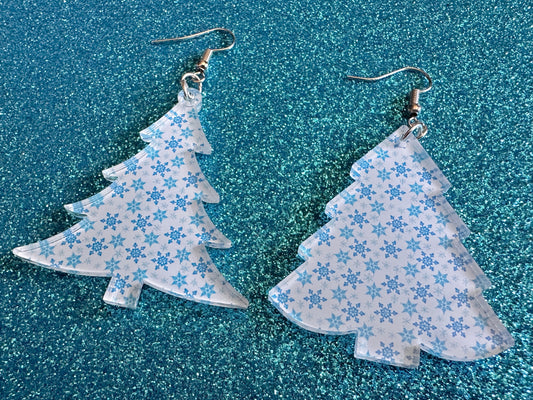 Snowy Christmas Tree Earrings: Laser Cut Acrylic Trees, Snow, Snowflakes, X-mas, Xmas Earrings, White Christmas, Best Gifts for Her/Him/Them