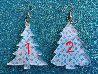Snowy Christmas Tree Earrings: Laser Cut Acrylic Trees, Snow, Snowflakes, X-mas, Xmas Earrings, White Christmas, Best Gifts for Her/Him/Them