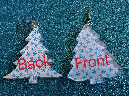 Snowy Christmas Tree Earrings: Laser Cut Acrylic Trees, Snow, Snowflakes, X-mas, Xmas Earrings, White Christmas, Best Gifts for Her/Him/Them