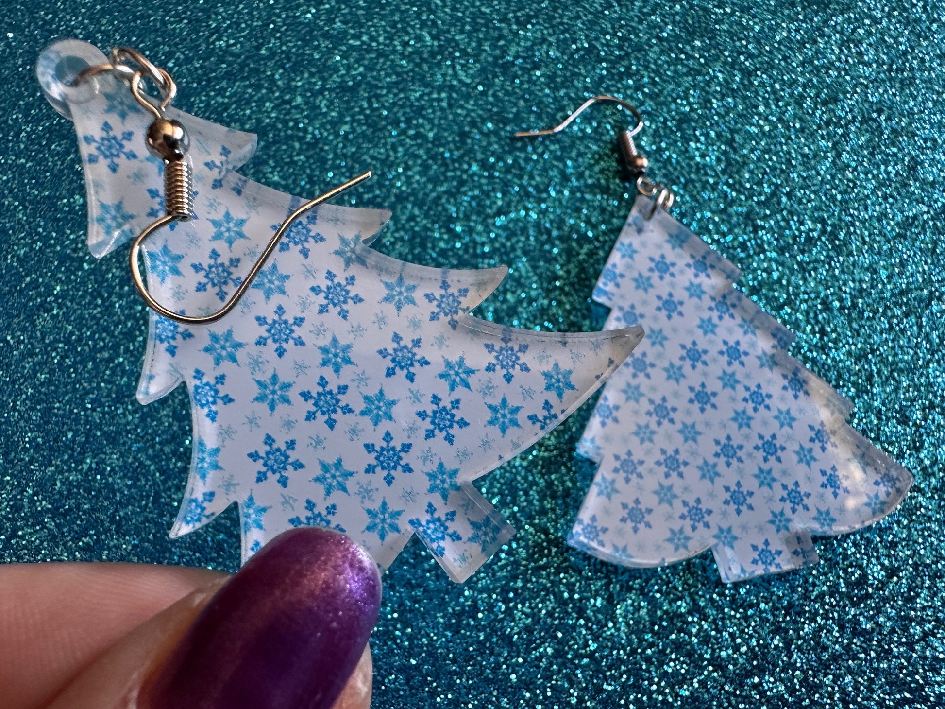 Snowy Christmas Tree Earrings: Laser Cut Acrylic Trees, Snow, Snowflakes, X-mas, Xmas Earrings, White Christmas, Best Gifts for Her/Him/Them