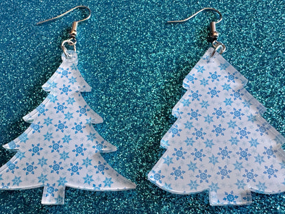 Snowy Christmas Tree Earrings: Laser Cut Acrylic Trees, Snow, Snowflakes, X-mas, Xmas Earrings, White Christmas, Best Gifts for Her/Him/Them