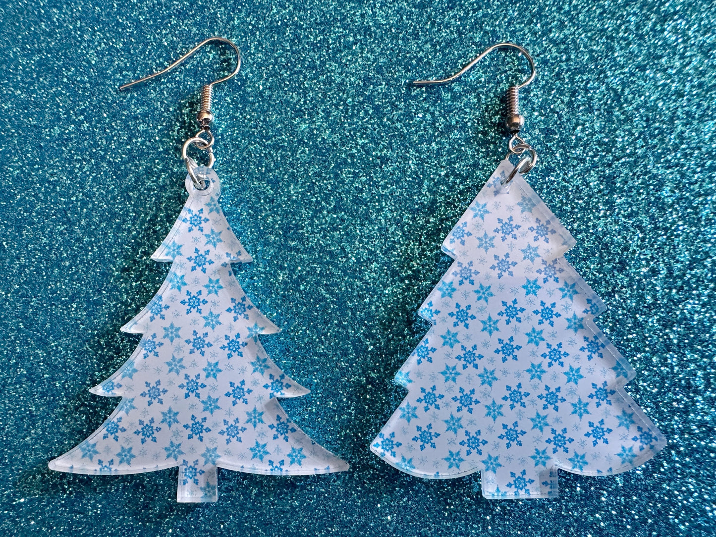 Snowy Christmas Tree Earrings: Laser Cut Acrylic Trees, Snow, Snowflakes, X-mas, Xmas Earrings, White Christmas, Best Gifts for Her/Him/Them