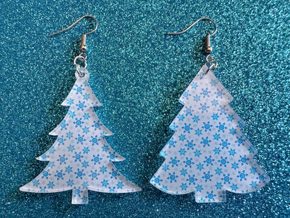 Snowy Christmas Tree Earrings: Laser Cut Acrylic Trees, Snow, Snowflakes, X-mas, Xmas Earrings, White Christmas, Best Gifts for Her/Him/Them