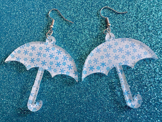 Snowy Umbrella Earrings: Laser Cut Acrylic Umbrellas, Rain, Snow, Christmas, Weather, Hearts, Snowing, Winter, Gifts for Her/Him/Them
