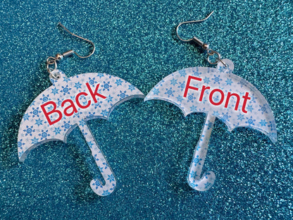 Snowy Umbrella Earrings: Laser Cut Acrylic Umbrellas, Rain, Snow, Christmas, Weather, Hearts, Snowing, Winter, Gifts for Her/Him/Them