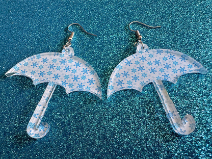 Snowy Umbrella Earrings: Laser Cut Acrylic Umbrellas, Rain, Snow, Christmas, Weather, Hearts, Snowing, Winter, Gifts for Her/Him/Them