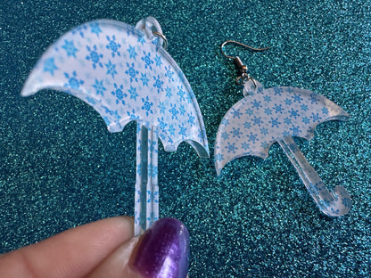 Snowy Umbrella Earrings: Laser Cut Acrylic Umbrellas, Rain, Snow, Christmas, Weather, Hearts, Snowing, Winter, Gifts for Her/Him/Them