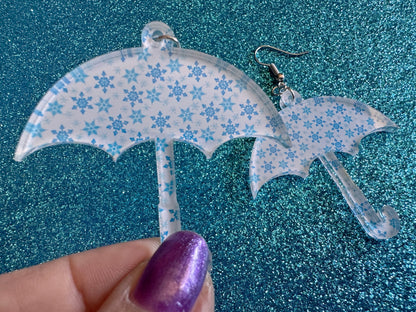 Snowy Umbrella Earrings: Laser Cut Acrylic Umbrellas, Rain, Snow, Christmas, Weather, Hearts, Snowing, Winter, Gifts for Her/Him/Them