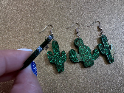 Sparkly Cactus Earrings: Laser Cut Acrylic Palm Cacti, Green Earrings, Plants, Tropical, Sparkling, Best Gifts for Her/Him/Them