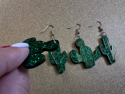 Sparkly Cactus Earrings: Laser Cut Acrylic Palm Cacti, Green Earrings, Plants, Tropical, Sparkling, Best Gifts for Her/Him/Them