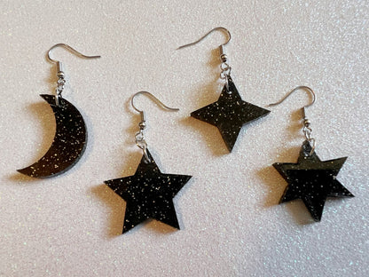 Sparkly Star and Moon Earrings: Laser Cut Acrylic Stars, Magic, Night Sky, Astrology, Astronomy, Best Gifts for Her/Him/Them