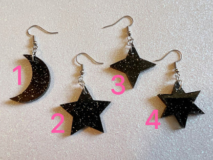 Sparkly Star and Moon Earrings: Laser Cut Acrylic Stars, Magic, Night Sky, Astrology, Astronomy, Best Gifts for Her/Him/Them
