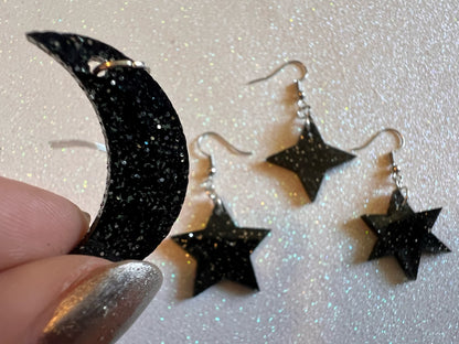 Sparkly Star and Moon Earrings: Laser Cut Acrylic Stars, Magic, Night Sky, Astrology, Astronomy, Best Gifts for Her/Him/Them