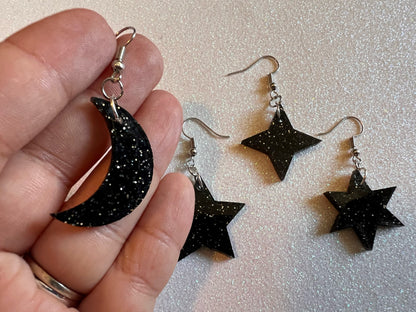 Sparkly Star and Moon Earrings: Laser Cut Acrylic Stars, Magic, Night Sky, Astrology, Astronomy, Best Gifts for Her/Him/Them