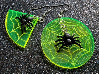 Spider & Spiderweb Earrings: Laser Cut Acrylic Spiders, Halloween, Holiday, Insect, Bug, Horror, Scary, Spooky, Best Gifts for Her/Him/Them