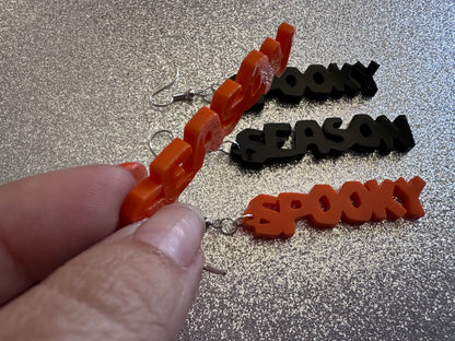 Spooky Season Earrings: Laser Cut Acrylic Halloween Text, Black, Orange, Scary, Spooktastic, Best Gifts for Her/Him/Them