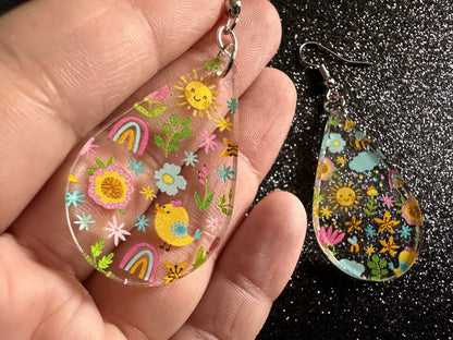 Spring Earrings: Laser Cut Acrylic Earrings, Rain, Birds, Flowers, Rainbows, Summer, Fun, Hearts, Sun, Weather, Best Gifts for Her/Him/Them