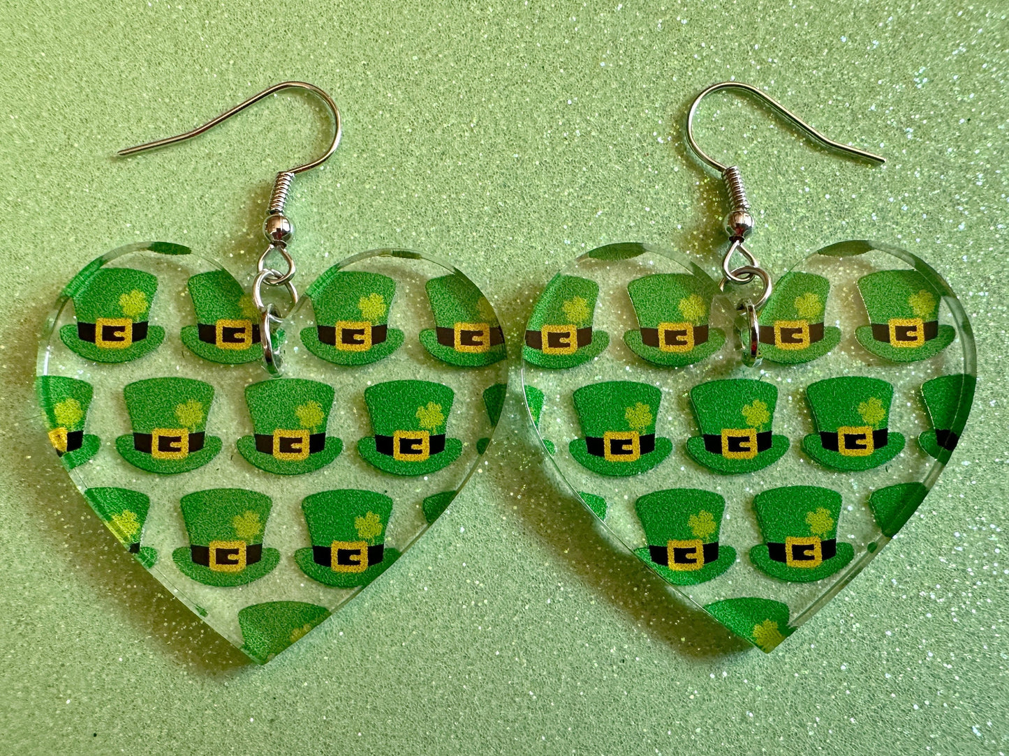 St. Patrick's Day Earrings: Laser Cut Acrylic Green Hat Earrings, Four Leaf Clover, Lucky, Leprechaun, Irish, Best Gifts for Her/Him/Them