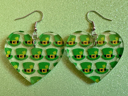 St. Patrick's Day Earrings: Laser Cut Acrylic Green Hat Earrings, Four Leaf Clover, Lucky, Leprechaun, Irish, Best Gifts for Her/Him/Them