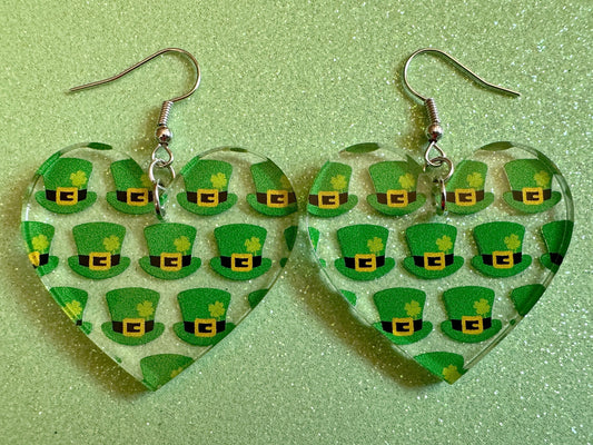 St. Patrick's Day Earrings: Laser Cut Acrylic Green Hat Earrings, Four Leaf Clover, Lucky, Leprechaun, Irish, Best Gifts for Her/Him/Them