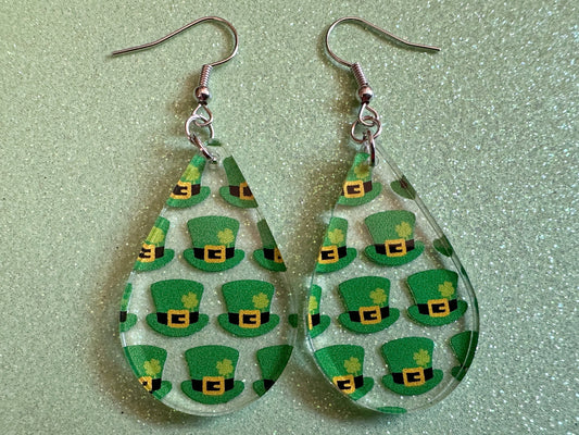 St. Patrick's Day Earrings: Laser Cut Acrylic Green Hat Earrings, Four Leaf Clover, Lucky, Leprechaun, Irish, Best Gifts for Her/Him/Them
