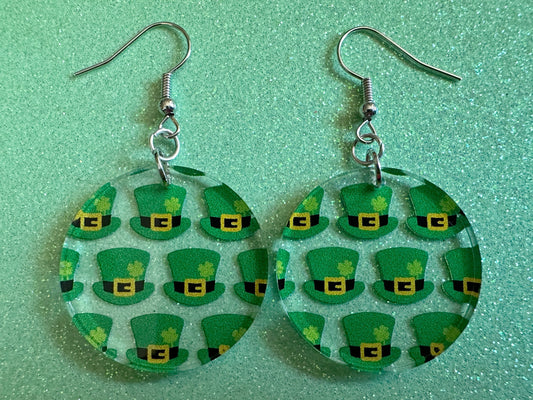 St. Patrick's Day Earrings: Laser Cut Acrylic Green Hat Earrings, Four Leaf Clover, Lucky, Leprechaun, Irish, Best Gifts for Her/Him/Them