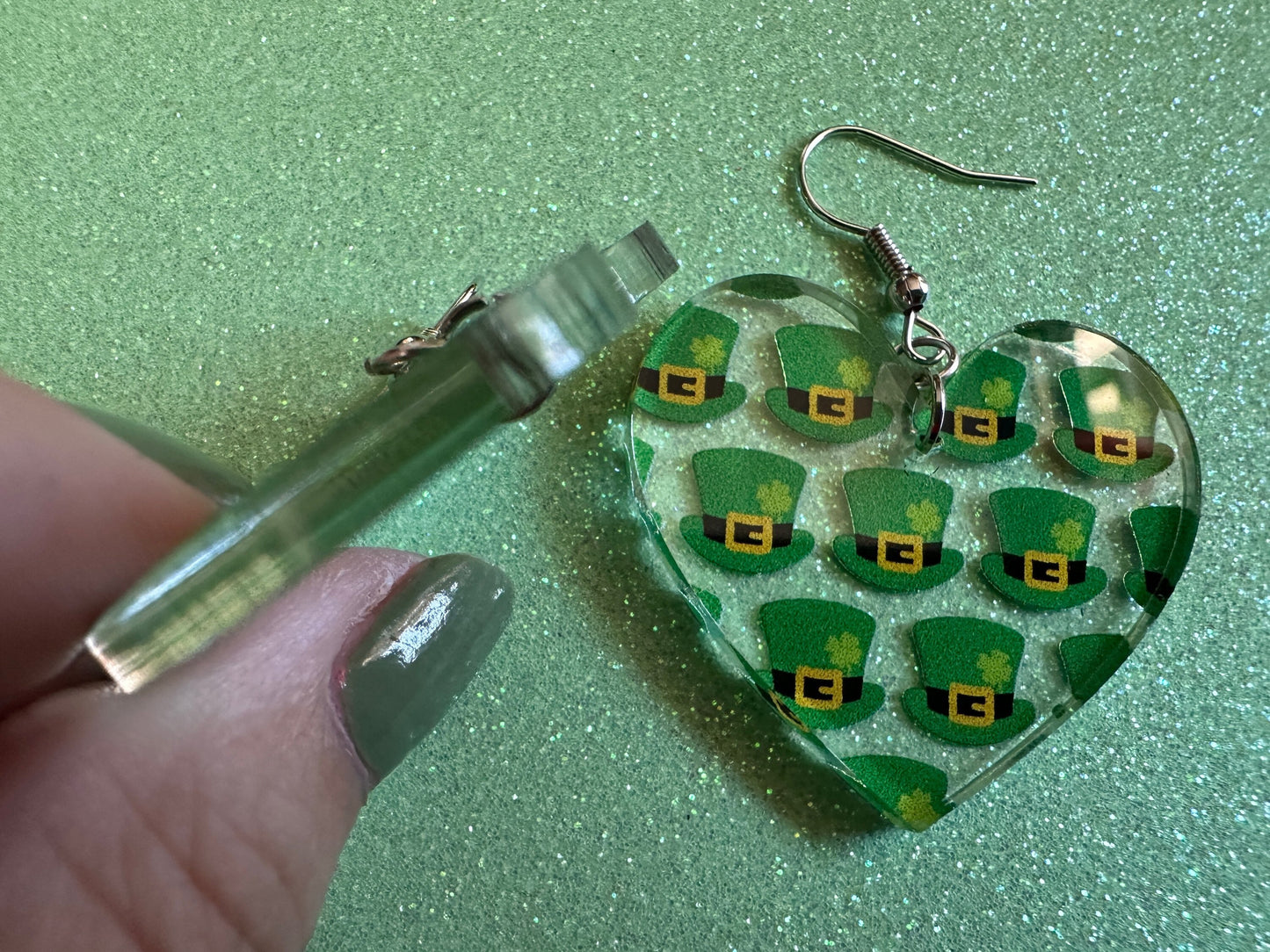 St. Patrick's Day Earrings: Laser Cut Acrylic Green Hat Earrings, Four Leaf Clover, Lucky, Leprechaun, Irish, Best Gifts for Her/Him/Them