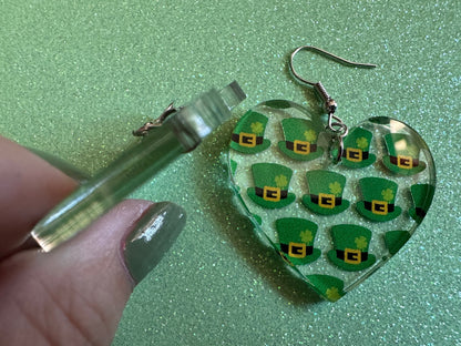 St. Patrick's Day Earrings: Laser Cut Acrylic Green Hat Earrings, Four Leaf Clover, Lucky, Leprechaun, Irish, Best Gifts for Her/Him/Them
