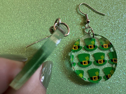 St. Patrick's Day Earrings: Laser Cut Acrylic Green Hat Earrings, Four Leaf Clover, Lucky, Leprechaun, Irish, Best Gifts for Her/Him/Them
