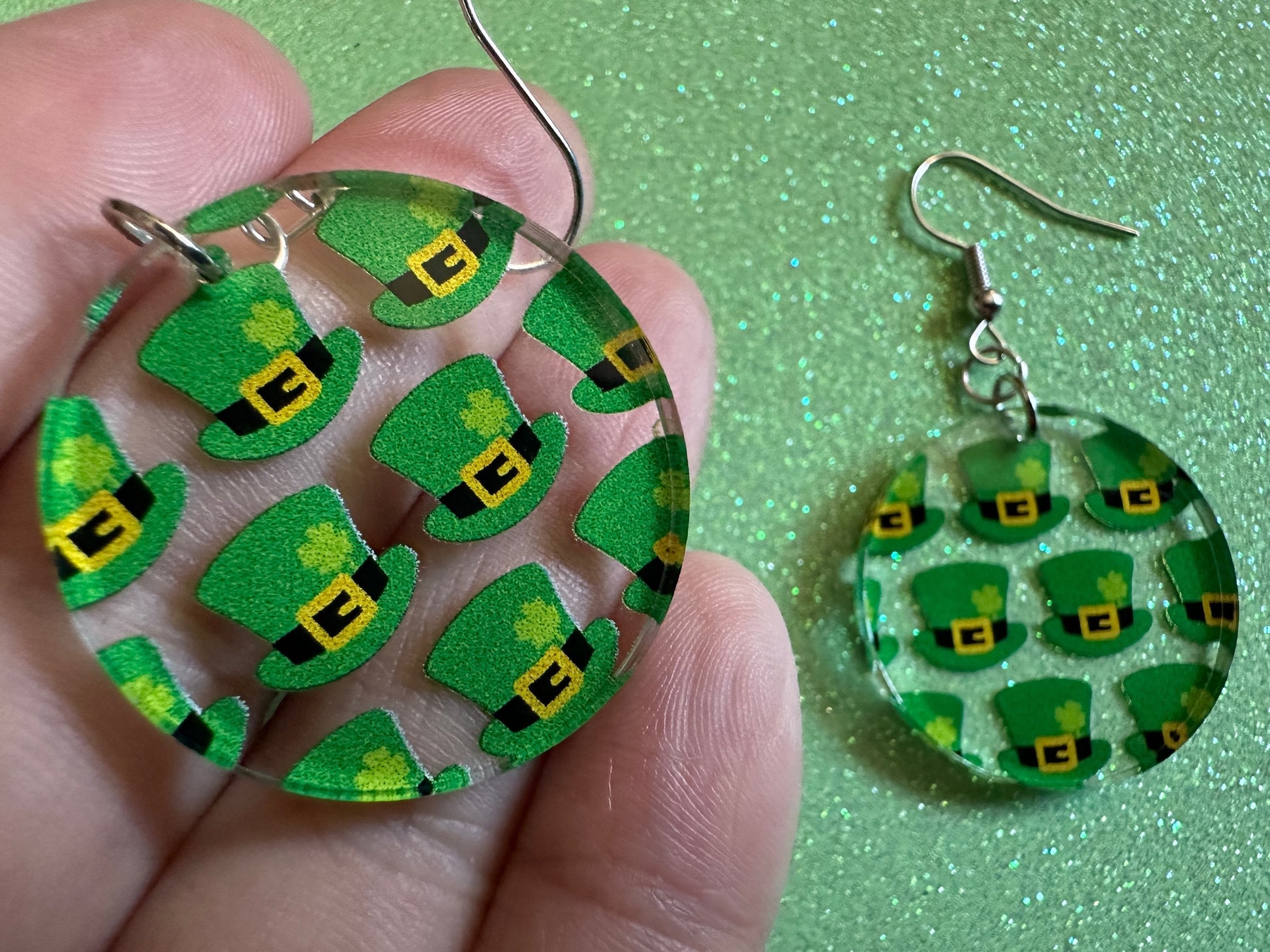 St. Patrick's Day Earrings: Laser Cut Acrylic Green Hat Earrings, Four Leaf Clover, Lucky, Leprechaun, Irish, Best Gifts for Her/Him/Them