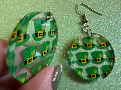 St. Patrick's Day Earrings: Laser Cut Acrylic Green Hat Earrings, Four Leaf Clover, Lucky, Leprechaun, Irish, Best Gifts for Her/Him/Them