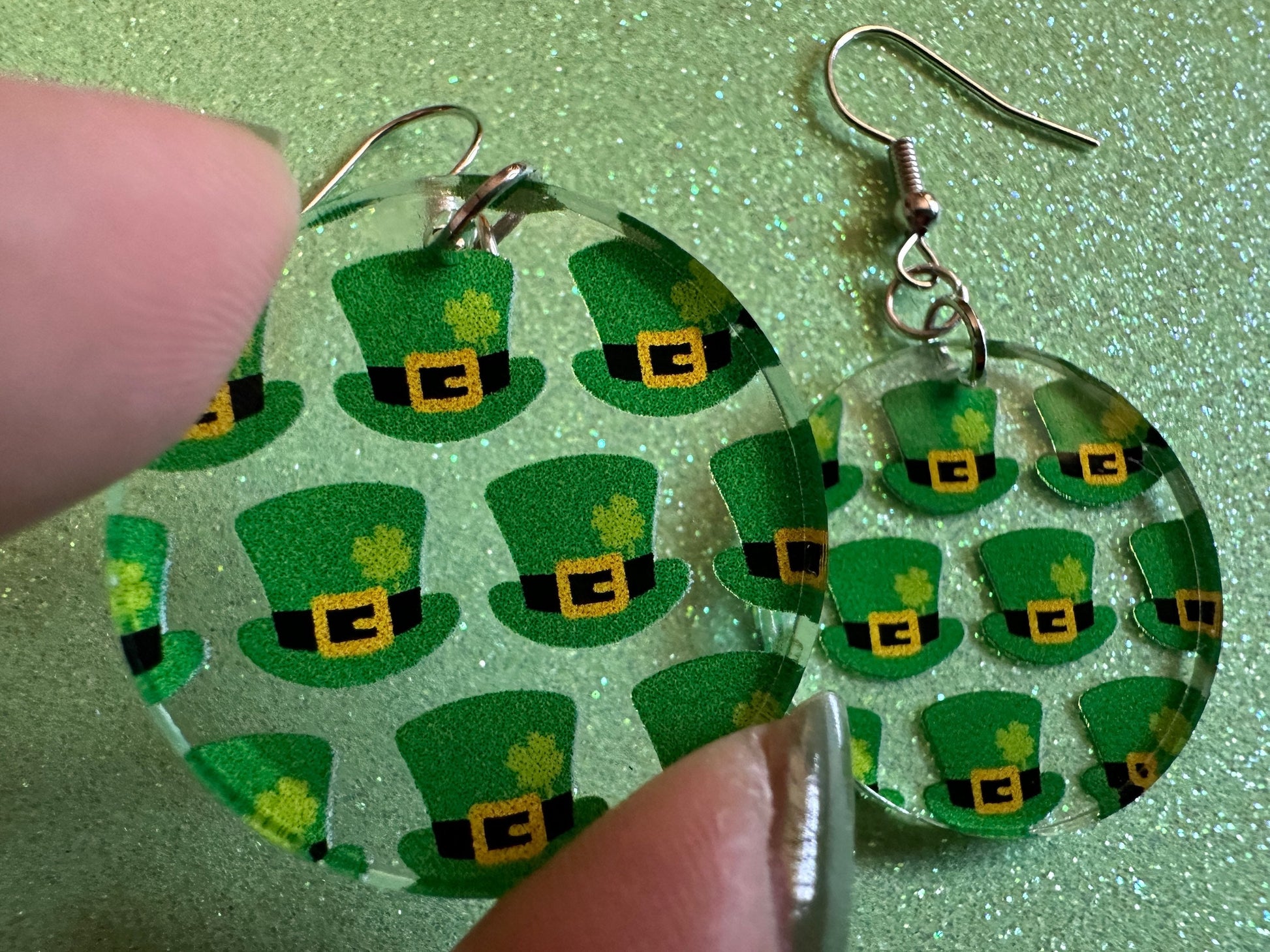St. Patrick's Day Earrings: Laser Cut Acrylic Green Hat Earrings, Four Leaf Clover, Lucky, Leprechaun, Irish, Best Gifts for Her/Him/Them