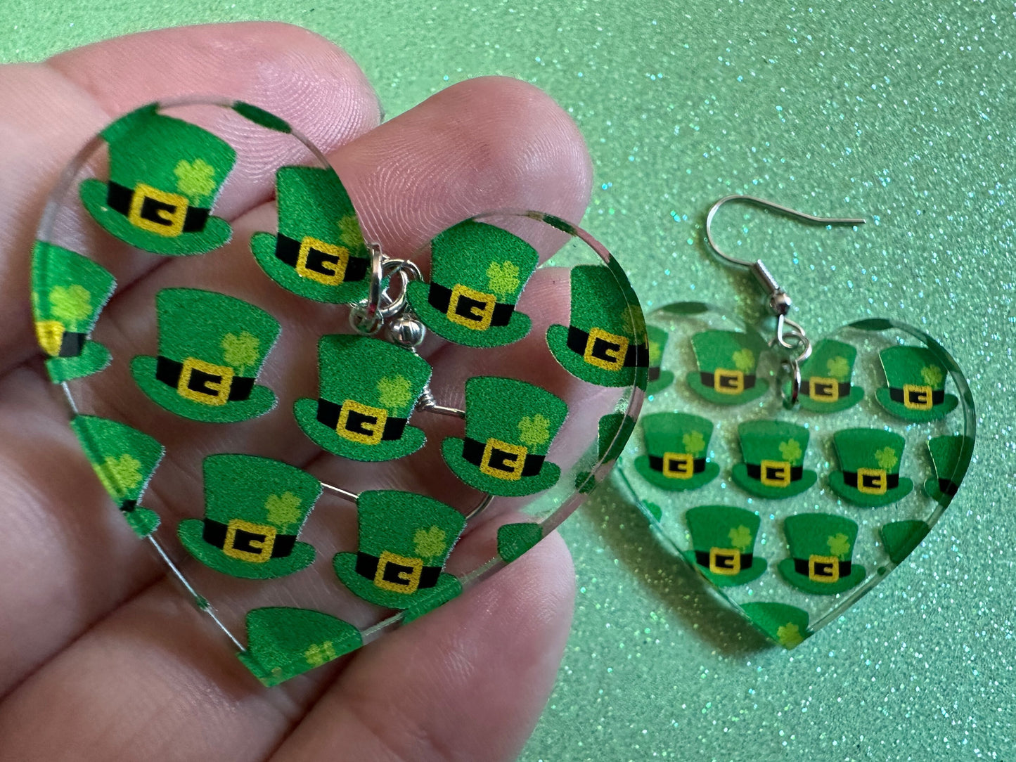 St. Patrick's Day Earrings: Laser Cut Acrylic Green Hat Earrings, Four Leaf Clover, Lucky, Leprechaun, Irish, Best Gifts for Her/Him/Them