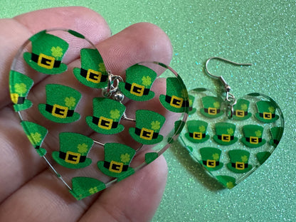 St. Patrick's Day Earrings: Laser Cut Acrylic Green Hat Earrings, Four Leaf Clover, Lucky, Leprechaun, Irish, Best Gifts for Her/Him/Them
