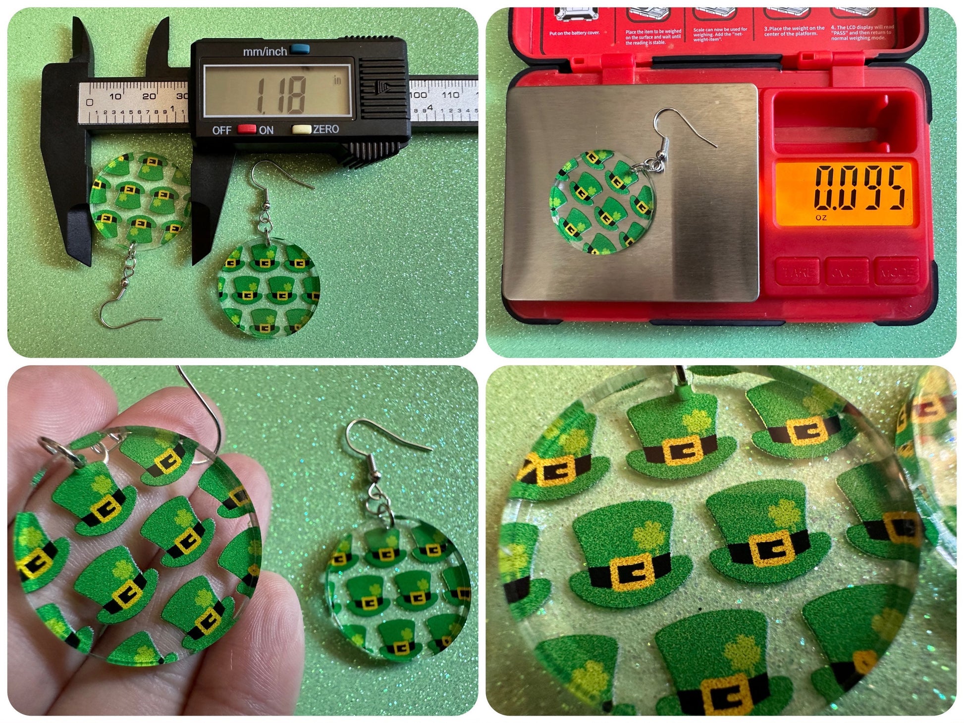 St. Patrick's Day Earrings: Laser Cut Acrylic Green Hat Earrings, Four Leaf Clover, Lucky, Leprechaun, Irish, Best Gifts for Her/Him/Them