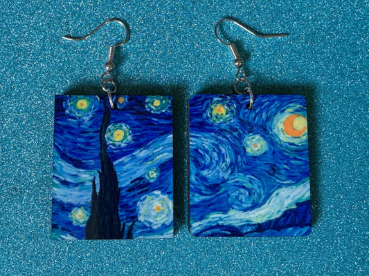 Starry Night Earrings: Laser Cut Acrylic Paintings, Van Gogh Immersive Experience, Famous Painting, Moon, Stars, Best Gifts for Her/Him/Them