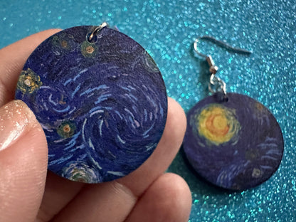 Starry Night Earrings: Laser Cut Acrylic Paintings, Van Gogh Immersive Experience, Famous Painting, Moon, Stars, Best Gifts for Her/Him/Them