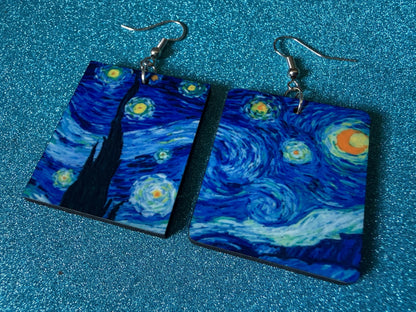 Starry Night Earrings: Laser Cut Acrylic Paintings, Van Gogh Immersive Experience, Famous Painting, Moon, Stars, Best Gifts for Her/Him/Them