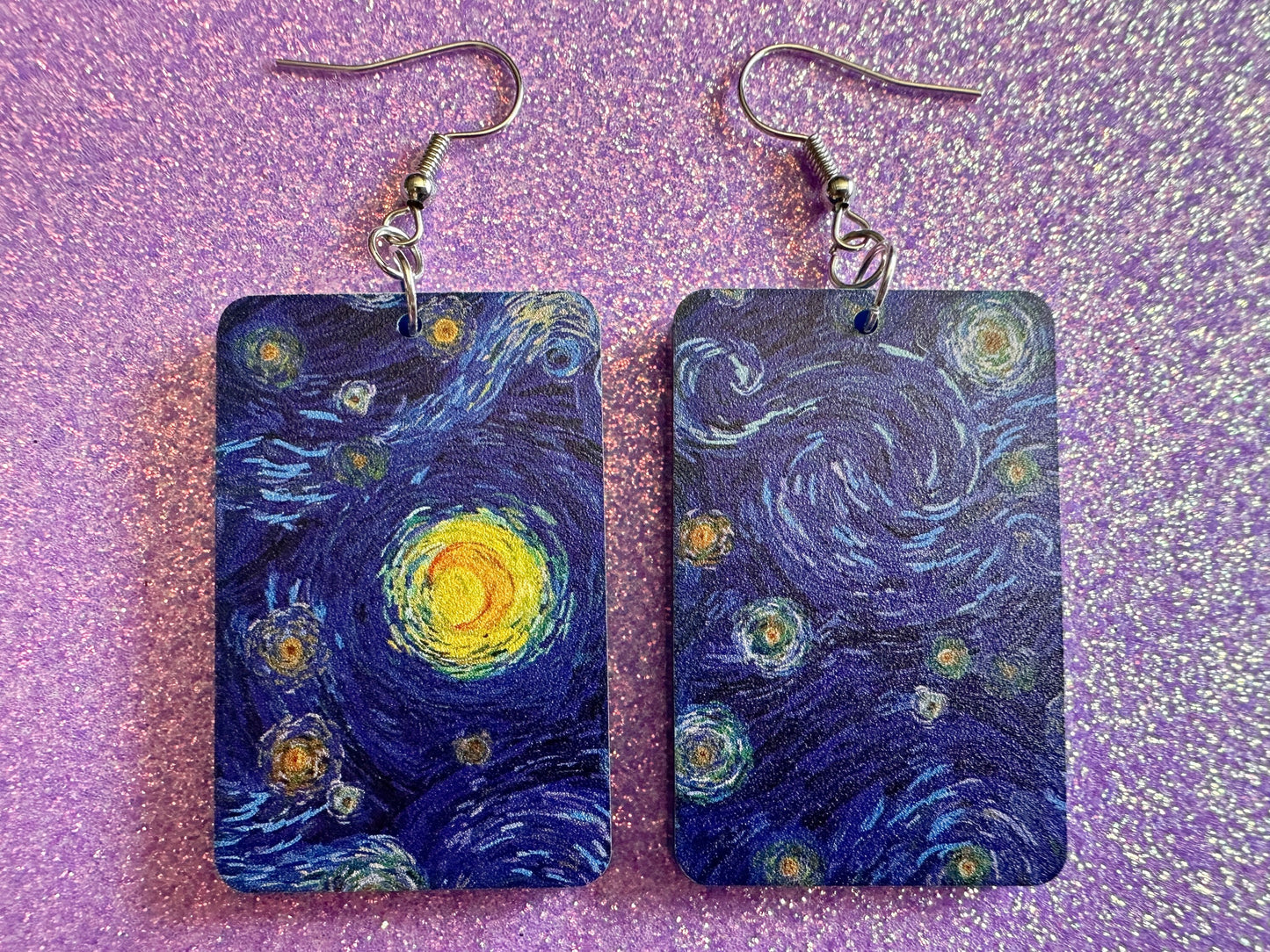 Starry Night Earrings: Laser Cut Acrylic Paintings, Van Gogh Immersive Experience, Famous Painting, Moon, Stars, Gifts for Her/Him/Them