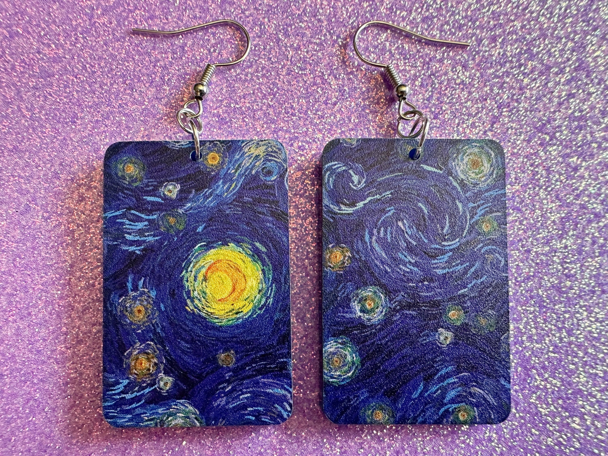 Starry Night Earrings: Laser Cut Acrylic Paintings, Van Gogh Immersive Experience, Famous Painting, Moon, Stars, Gifts for Her/Him/Them
