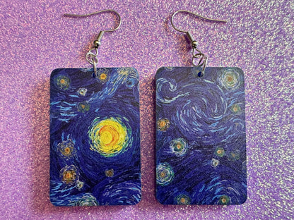 Starry Night Earrings: Laser Cut Acrylic Paintings, Van Gogh Immersive Experience, Famous Painting, Moon, Stars, Gifts for Her/Him/Them