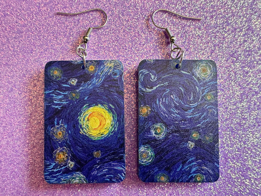 Starry Night Earrings: Laser Cut Acrylic Paintings, Van Gogh Immersive Experience, Famous Painting, Moon, Stars, Gifts for Her/Him/Them