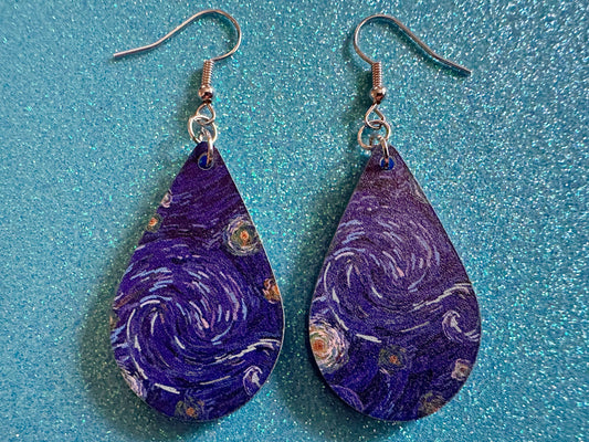 Starry Night Earrings: Laser Cut Acrylic Paintings, Van Gogh Immersive Experience, Famous Painting, Moon, Stars, Gifts for Her/Him/Them