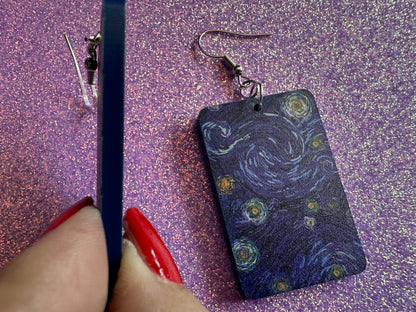 Starry Night Earrings: Laser Cut Acrylic Paintings, Van Gogh Immersive Experience, Famous Painting, Moon, Stars, Gifts for Her/Him/Them
