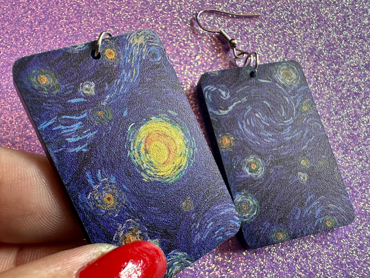 Starry Night Earrings: Laser Cut Acrylic Paintings, Van Gogh Immersive Experience, Famous Painting, Moon, Stars, Gifts for Her/Him/Them
