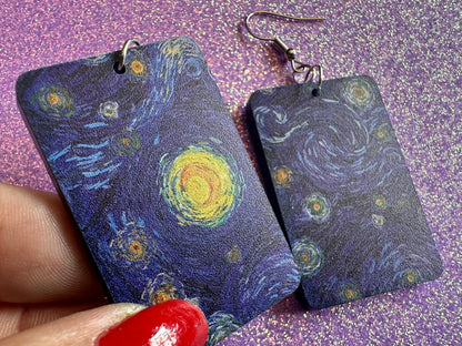 Starry Night Earrings: Laser Cut Acrylic Paintings, Van Gogh Immersive Experience, Famous Painting, Moon, Stars, Gifts for Her/Him/Them