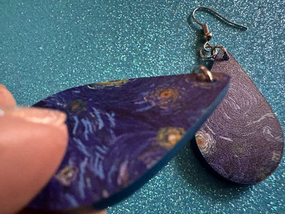 Starry Night Earrings: Laser Cut Acrylic Paintings, Van Gogh Immersive Experience, Famous Painting, Moon, Stars, Gifts for Her/Him/Them