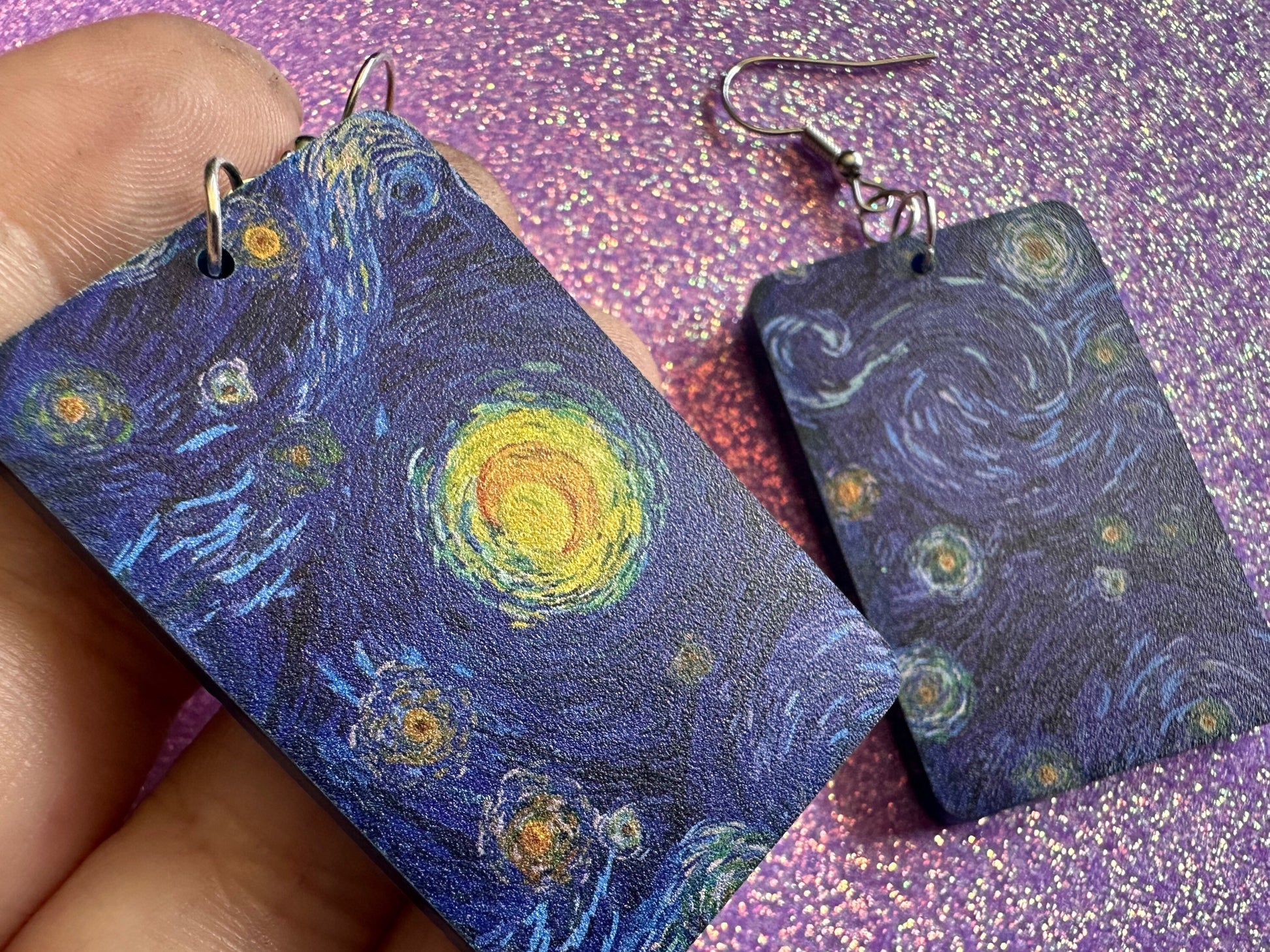 Starry Night Earrings: Laser Cut Acrylic Paintings, Van Gogh Immersive Experience, Famous Painting, Moon, Stars, Gifts for Her/Him/Them